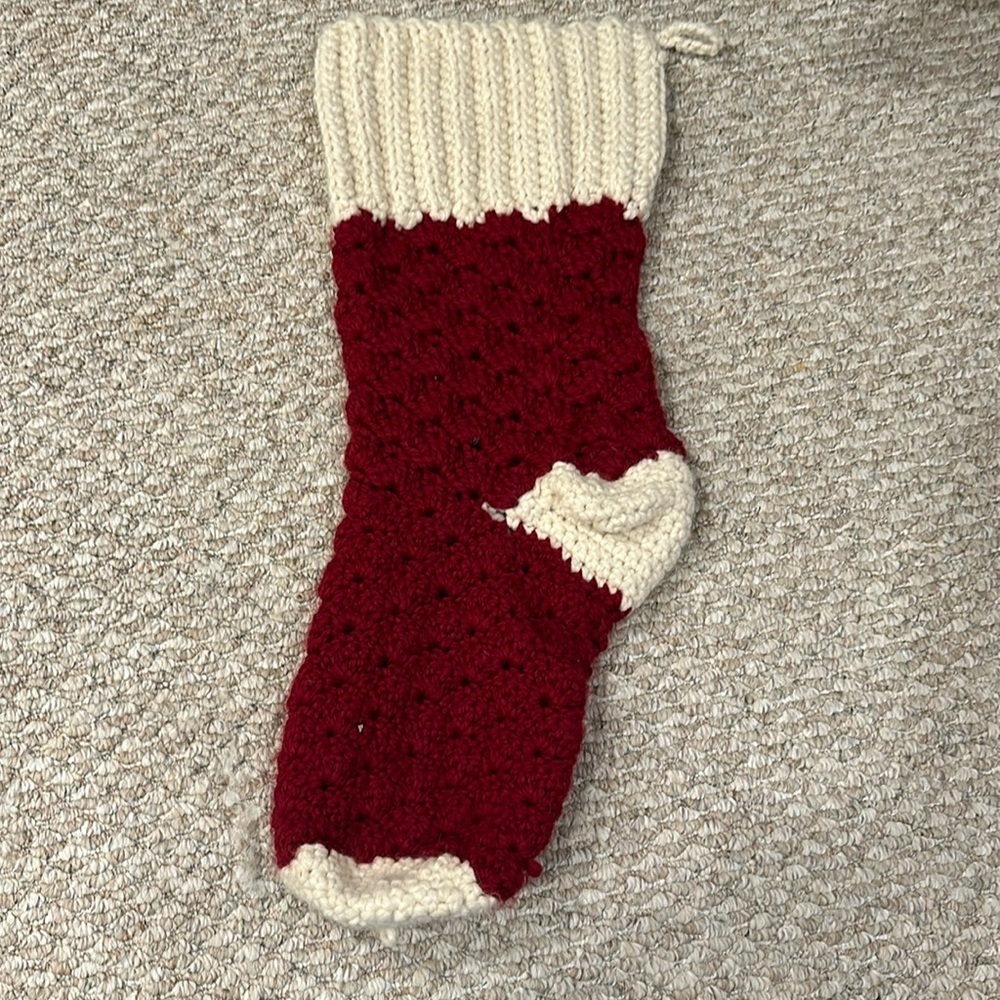 Homemade crocheted, stocking burgundy and cream absolutely adorable